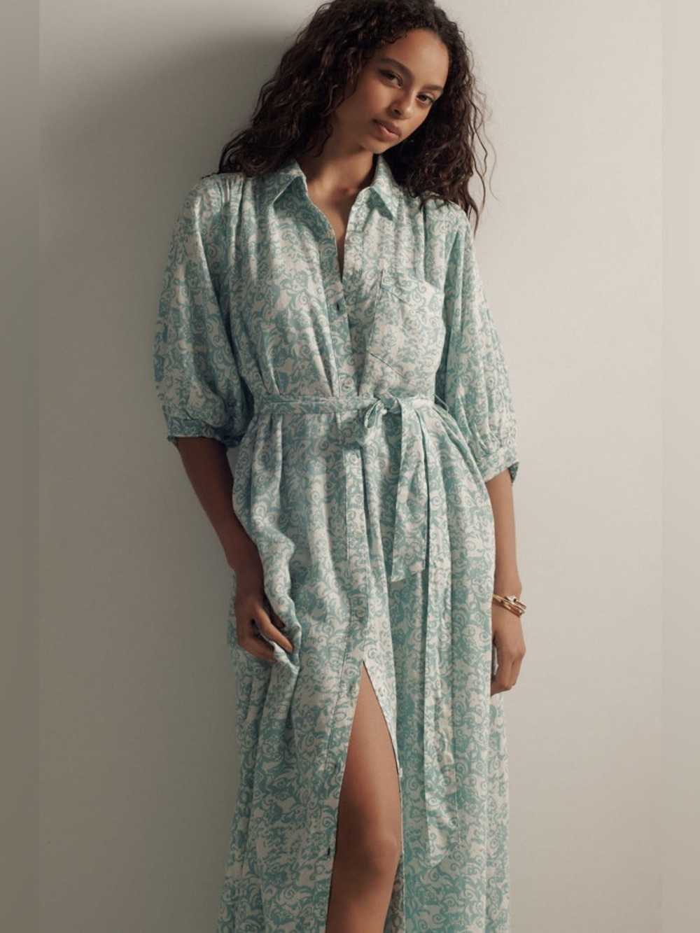 Anthropologie Maeve The Irene Linen Blend Shirt Dress Large Puff Sleeve Pockets